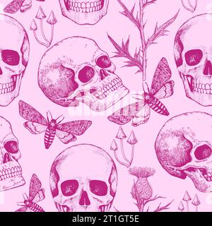 Halloween modèle sans couture noir et blanc avec crâne humain réaliste, toile d'araignée, mites et fleurs. Imprimé gothique dans un style de gravure rétro. Illustration de Vecteur