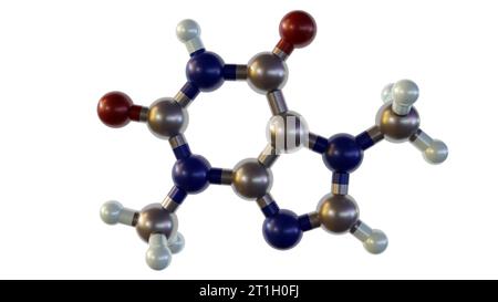 Théobromine ou xanthéose, est le principal alcaloïde du cacao Theobroma. Molécules de théobromine isolées dans le rendu 3d de fond blanc Banque D'Images