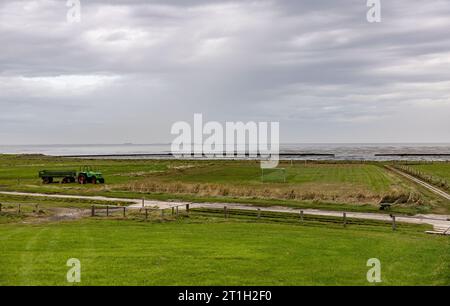 PRODUCTION - 29 septembre 2023, Schleswig-Holstein, Hallig Langeneß : les nuages dérivent au-dessus d'un terrain de football construit sur la rive de Hallig Oland. Photo : Axel Heimken/dpa Banque D'Images