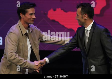 13 octobre 2023 : Trento, Italie ; Giro d'Italia 2024 Cycling Race Presentation, pour les courses masculines et féminines en 2024. Primoz Roglic et Vincenzo Nibali, les Slovènes de Jumbo-Visma Banque D'Images