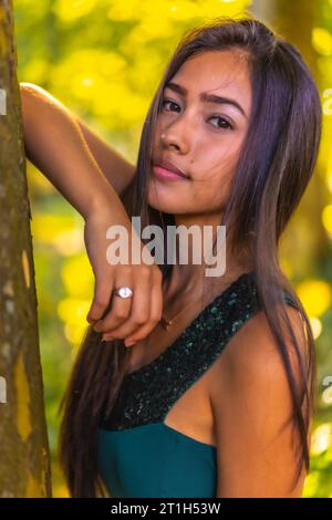 Une jeune jolie brune Latina avec de longs cheveux droits adossés à un arbre dans une robe verte. Portrait de avec mida doux dans le parc Banque D'Images