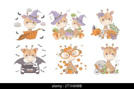Ensemble de Cartoon Halloween Giraffe. Collection d'illustrations mignonnes Vector Halloween Animal. Illustration de Vecteur