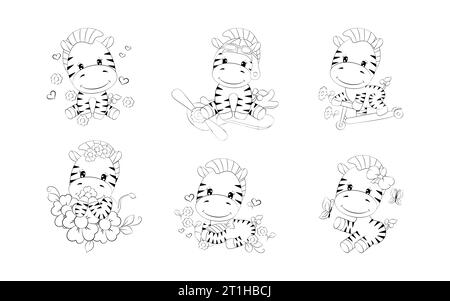 Jeu de pages de coloriage Zébré isolé Cartoon. Collection de Cute Vector Cartoon Horse Outline Illustration de Vecteur