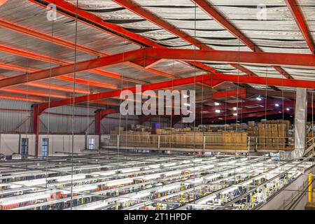 usine textile industrielle en afrique produisant des vêtements de travail, vue d'en haut, angle élevé, à la salle de couture et à l'espace de stockage avec des boîtes en carton Banque D'Images