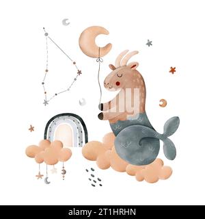 Composition mignonne pour enfants aquarelle avec le signe du zodiaque Capricorne, arc-en-ciel, nuage, étoiles, lune et constellation. Pour impressions, emballages, cartes, br Banque D'Images