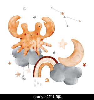 Composition mignonne pour enfants aquarelle avec le signe du zodiaque cancer, arc-en-ciel, nuage, étoiles, lune et constellation. Pour l'impression, l'emballage, les cartes postales, Banque D'Images