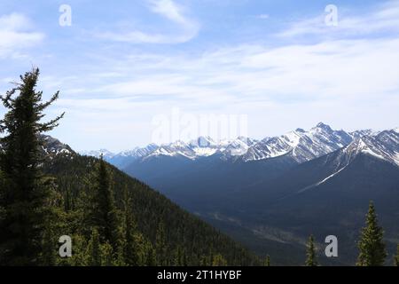 Vue emblématique de Morants Curve où le chemin de fer canadien Pacifique longe la magnifique rivière Bow avec les magnifiques Rocheuses canadiennes. Banque D'Images