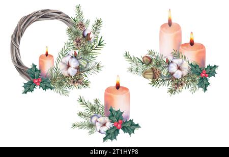 Un ensemble de compositions de Noël avec bougies, GUI, coton, poinsettia, branches de sapin. Illustration à l'aquarelle. Nouvel an et Noël. Décoration intérieure Banque D'Images