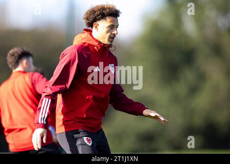 Hensol, Royaume-Uni. 14 octobre 2023. Ethan Ampadu du pays de Galles en formation. Wales MD1 Training session au Vale Resort le 14 octobre 2023 avant le match de qualification de l'UEFA EURO contre la Croatie. Crédit : Lewis Mitchell/Alamy Live News Banque D'Images