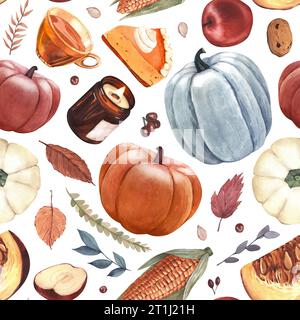 Citrouilles à motif aquarelle, tarte à la citrouille, feuilles d'automne, pomme et objets du jour de Thanksgiving. Illustration dessinée à la main isolée sur fond blanc Banque D'Images