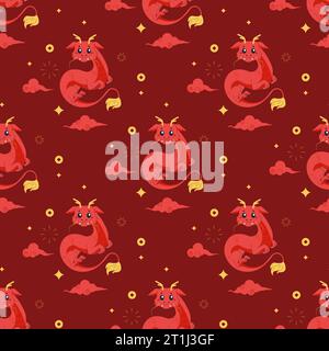 Motif sans couture dragon chinois, rouge mignon 2024. Illustration de dessin animé vectoriel Illustration de Vecteur