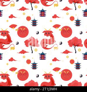 Motif sans couture dragon chinois, rouge mignon 2024. Illustration de dessin animé vectoriel Illustration de Vecteur