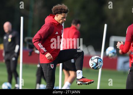 Cardiff, Royaume-Uni. 14 octobre 2023. Ethan Ampadu du pays de Galles lors de l'entraînement de l'équipe de football du pays de Galles à Hensol, Vale of Glamorgan dans le sud du pays de Galles, le samedi 14 octobre 2023. L'équipe s'entraîne avant le match de qualification de l'UEFA Euro 2024 contre la Croatie demain. photo par Andrew Orchard/Andrew Orchard photographie sportive/Alamy Live News crédit : Andrew Orchard photographie sportive/Alamy Live News Banque D'Images