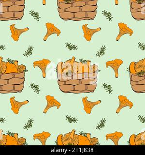 Motif avec panier avec chanterelle champignons et mousse. Illustration vectorielle Illustration de Vecteur