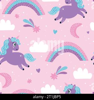 Motif sans couture mignon de bébé avec des licornes et des arcs-en-ciel. Illustration de Vecteur