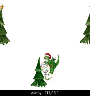 Motif aquarelle dragon volant mignon avec guirlande portant chapeau de Père Noël décorant l'arbre de Noël avec guirlande. symbole de l'année sur un 2024. Dessiné à la main Banque D'Images