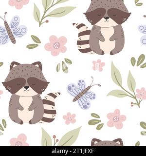 Joli motif raton laveur. Fond sans couture avec animal de bébé drôle. Impression répétée avec un caractère charmant. Illustration de Vecteur