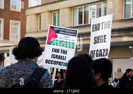 Free Palestine Protest gros plan de signalisation dans la foule lire fin de l'occupation israélienne / fin du siège de Gaza Banque D'Images