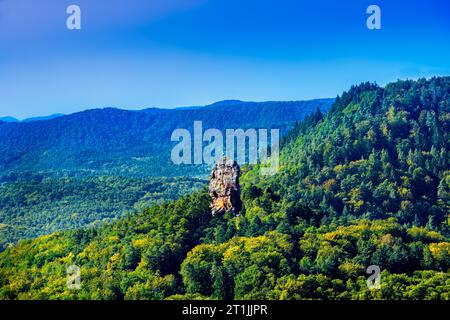 Vue magnifique depuis le château de Trifels sur les collines de la forêt du Palatinat, au-dessus de la ville sud du Palatinat Annweiler. Wasgau, Rhénanie-Palatine Banque D'Images