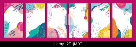 Histoires abstraites. Fond d'été, modèle graphique avec des feuilles, des fleurs et des formes abstraites, motif dessiné à la main, cadre de feuille floral d'art. Médias sociaux Illustration de Vecteur