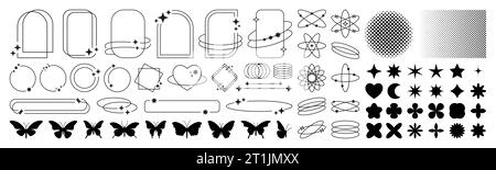Éléments étincelants. Cadres linéaires esthétiques. Symboles de forme numérique. Style bordure tendance des années 90. Icônes simples pour la conception d'emballages. Papillon silhouette noire Illustration de Vecteur