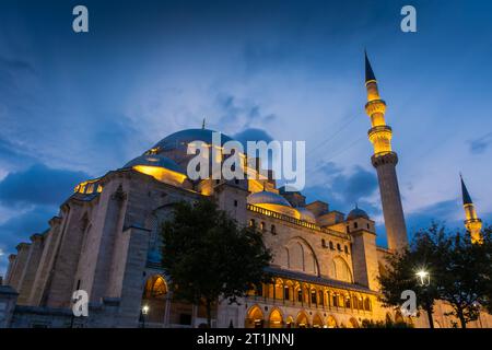 La belle mosquée Suleymaniye s'illumine la nuit, Istanbul, Turquie Banque D'Images