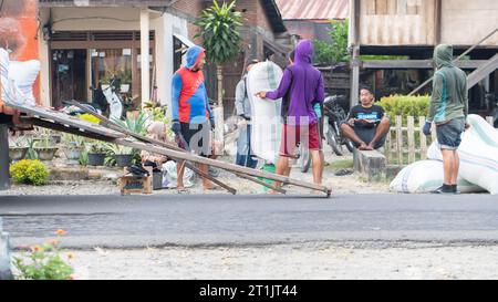 Pinrang Indonésie, 14 octobre 2023 : récolte des céréales des agriculteurs dans des sacs achetés par des commerçants, après-midi dans le village de Masolo Pinrang, agriculteurs indonésiens Banque D'Images