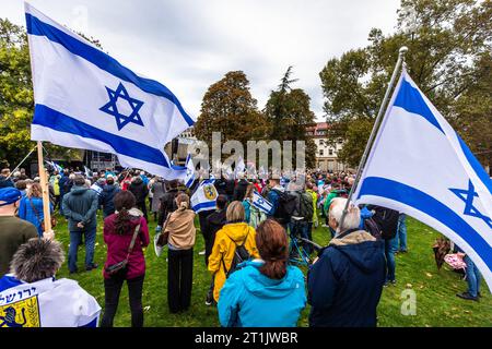 Stuttgart, Allemagne. 14 octobre 2023. De nombreuses personnes participent à un « Grand événement de solidarité pour Israël » dans le jardin du château supérieur. Après l'attaque terroriste du Hamas contre Israël, il y a eu de nombreuses réactions dans toute l'Allemagne. Crédit : Christoph Schmidt/dpa/Alamy Live News Banque D'Images