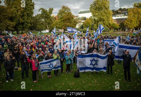 Stuttgart, Allemagne. 14 octobre 2023. De nombreuses personnes participent à un « Grand événement de solidarité pour Israël » dans le jardin du château supérieur. Après l'attaque terroriste du Hamas contre Israël, il y a eu de nombreuses réactions dans toute l'Allemagne. Crédit : Christoph Schmidt/dpa/Alamy Live News Banque D'Images