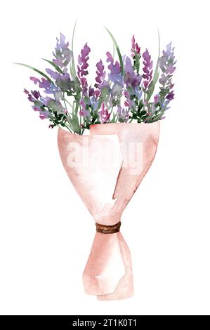 Bouquet de lavande. Illustration à l'aquarelle dessinée à la main de fleurs violettes isolées sur fond blanc Banque D'Images