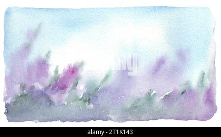 Illustration à l'aquarelle de beaux champs de lavande. Fond violet abstrait pour bannières et invitations Banque D'Images