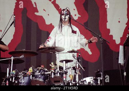 Monza Italie 2000-06-11, Joey Jordison batteur du groupe Slipknot pendant le Gods of Metal Festival au Stadio Brianteo Banque D'Images