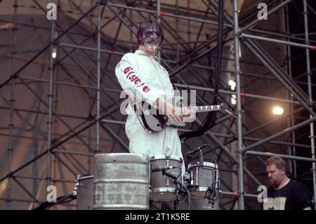 Monza Italie 2000-06-11, Jim Root guitariste du groupe Slipknot lors du festival Gods of Metal au Stadio Brianteo Banque D'Images