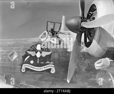 Opérations de la Royal Air Force au Moyen-Orient et en Afrique du Nord, 1939-1943. Le nez insigne sur Mark Vickers Wellington, T IC2508-LF 'O', de No 37 Squadron RAF Atterrissage à la pointe de la masse dans l'Égypte. Chaque emblème représente un membre de l'équipage sous les appareils de l'avion, le capitaine du Flying Officer P C 'fromage' le citron. Banque D'Images