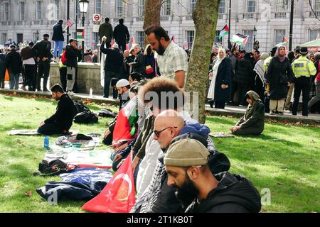 Londres, Royaume-Uni. 14 octobre 2023 plusieurs milliers de personnes, y compris des groupes de la Coalition Stop the War, des amis d’Al Aqsa, de la Communauté juive Neturei Karta, et bien d’autres, se réunissent dans le centre de Londres pour marcher contre la situation qui se développe en Israël et à Gaza après une récente escalade. Des chants de “Palestine libre” ont été entendus alors que des fusées éclairantes étaient allumées et des drapeaux agités, alors que Scotland Yard et la police métropolitaine ont mis en garde contre tout soutien au Hamas. © Simon King/ Alamy Live News Banque D'Images