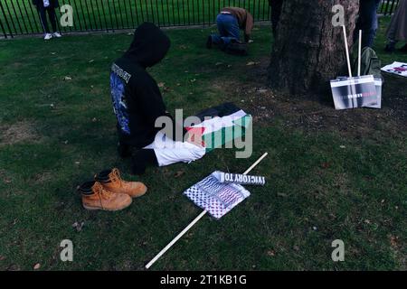 Londres, Royaume-Uni. 14 octobre 2023 plusieurs milliers de personnes, y compris des groupes de la Coalition Stop the War, des amis d’Al Aqsa, de la Communauté juive Neturei Karta, et bien d’autres, se réunissent dans le centre de Londres pour marcher contre la situation qui se développe en Israël et à Gaza après une récente escalade. Des chants de “Palestine libre” ont été entendus alors que des fusées éclairantes étaient allumées et des drapeaux agités, alors que Scotland Yard et la police métropolitaine ont mis en garde contre tout soutien au Hamas. © Simon King/ Alamy Live News Banque D'Images