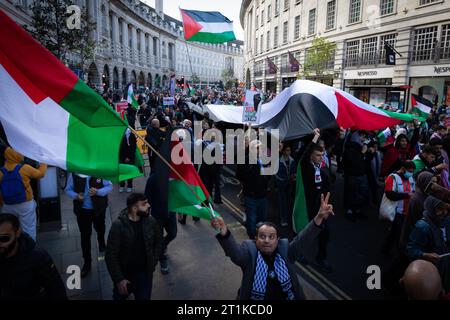 Londres, Royaume-Uni. 14 octobre 2023. Les manifestants avec des banderoles et des pancartes défilent à travers la ville. Des milliers de personnes sont venues en solidarité pour marcher pour la Palestine. Des manifestations ont eu lieu dans le monde entier depuis que le conflit entre Israël et le Hamas a repris il y a une semaine, faisant déjà des milliers de morts depuis son début. Crédit : Andy Barton/Alamy Live News Banque D'Images