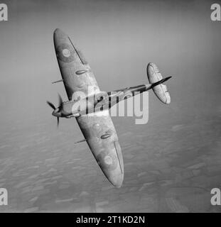 Supermarine Spitfire Mk Vb de l'escadron n° 92, 19 mai 1941. Cet appareil, série R6923, a été abattu par un Messerschmitt BF 109 le 22 juin 1941. Spitfire Mark VB, R6923 ?QJ-S?, de la RAF du no 92 Escadron basée à Biggin Hill, Kent, se tenant à l'avion de photographie. R6923 était à l'origine un Mark I, converti en Mark V après avoir servi avec l'escadron no 19 et l'unité d'entraînement opérationnel no 7 en 1940. Il a été abattu au-dessus de la mer par un Messerschmitt BF 109 le 22 juin 1941. Banque D'Images