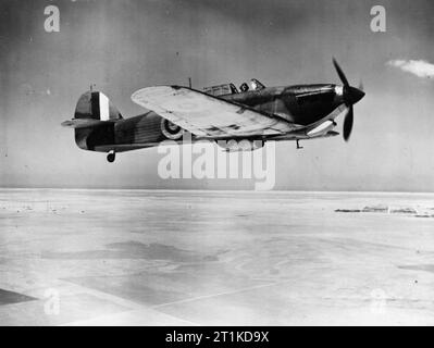 Les avions de la Royal Air Force 1939-1945- Hawker Hurricane. L'ouragan Mark I, P2627, du n° 274 Squadron RAF basés à Amriya, l'Égypte, l'objet d'un test à l'air. Cet avion est un des premiers &# 145;&# 146 tropicalisée, version, équipée d'un filtre Vokes sur l'admission d'air du carburateur. Banque D'Images