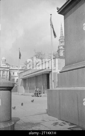 La vie quotidienne à Trafalgar Square, Londres, Angleterre, 1941, deux hommes de la Royal Air Force s'asseoir sur les marches de l'HM Forces Information Office, à Londres, Trafalgar Square, 1941. Plusieurs pigeons peut être vu sur le trottoir en face d'eux. Banque D'Images