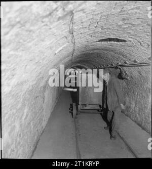 Les jardins de Kew- le travail de Kew Gardens en temps de guerre, Surrey, Angleterre, RU, 1943 profondément sous le Palm House à Kew Gardens, R Halsey tire une truckful de coke le long d'un tunnel, qui s'étend sur un quart de mile, de la fournaise qui alimente la maison avec la chaleur. Selon la légende originale, la maison a été chauffée par le projet d'un four à travers le tunnel qui s'étend le long de l'immeuble'. Banque D'Images