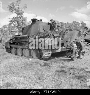 L'Armée britannique en Normandie 1944, un 6-pdr équipe du canon antichar de l'infanterie légère de Durham, 49e Division (West Riding) inspecter un frappé-out Panther allemand au cours de l'opération Epsom 'réservoir', 27 juin 1944. Banque D'Images