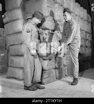 La Grande-Bretagne nous fourni le magasin de l'Armée- américains en Grande-Bretagne, le caporal 1943 H E Hatfield (à gauche, de la Route 2 Foxworth, Mississippi) inspecte les chaussettes et les bottes de sergent-chef Robert Gillespie (droit, de 313, rue Hellier, Pikeville, Kentucky) dans un entrepôt à une armée américaine Store, quelque part en Grande-Bretagne. S/Sgt Gillespie est de lever son pied en l'air pour montrer les chaussettes britannique et re-construit il porte des bottes. Les chaussettes arrivent dans d'énormes balles, comme celles sur lesquelles les hommes se penchent, et ses bottes ont été réparés et re-construit par des firmes britanniques. Ces deux points relèvent de la prêter de marche arrière Banque D'Images