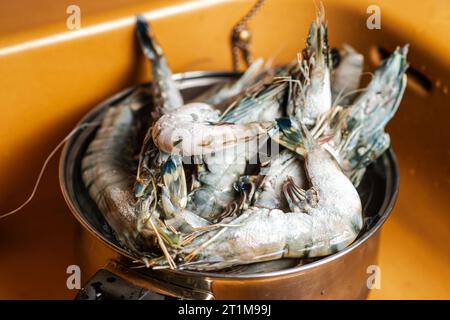 Crevettes royales congelées dans une casserole. Préparation de la cuisson. Banque D'Images