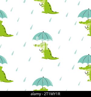 Mignon crocodile avec parapluie. Motif d'alligator de dessin animé sans couture. Conception de pépinière, imprimé pour les enfants. Illustration de Vecteur