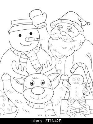 Dessin de ligne noir et blanc de célébration de Noël pour la page de livre de coloriage. Père Noël, bonhomme de neige, renne et homme en pain d'épice. Banque D'Images