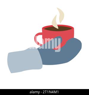 Main dans la moufle tenant une tasse de café avec de la vapeur, boissons d'hiver à l'extérieur, temps de café ou concept de pause-café, illustration vectorielle Illustration de Vecteur