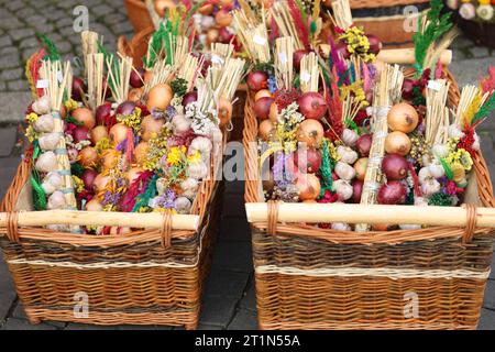 370. Zwiebelmarkt Weimar 13.10.2023, Weimar, 370. Zwiebelmarkt, Zwiebelzoepfe sind zum Verkauf in Koerben praesentiert *** 370 marché de l'oignon Weimar 13 10 2023, Weimar, 370 marché de l'oignon, des points d'oignon sont présentés en vente dans des paniers crédit : Imago/Alamy Live News Banque D'Images