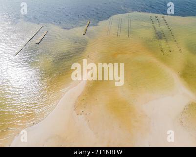 Vue aérienne des bancs d'huîtres en eau peu profonde au large de Salamander Bay à Port Stepehens sur la côte nord de la Nouvelle-Galles du Sud, Australie Banque D'Images