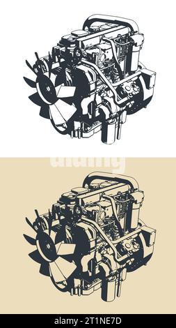 Illustrations vectorielles stylisées d'un puissant moteur diesel Illustration de Vecteur